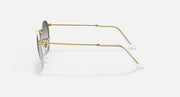 Gold metal sunglasses side view with round gray lenses and thin temples.