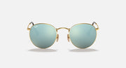 Round Ray-Ban sunglasses with gold frame, teal mirrored lenses, metal nose bridge