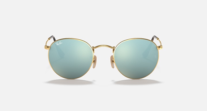 Round Ray-Ban sunglasses with gold frame, teal mirrored lenses, metal nose bridge