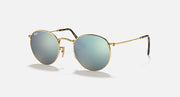 Round Ray-Ban sunglasses with gold frame, blue mirrored lenses, tortoise-pattern temples