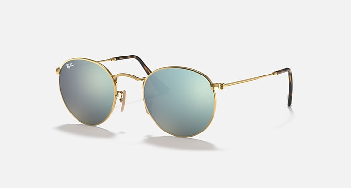 Round Ray-Ban sunglasses with gold frame, blue mirrored lenses, tortoise-pattern temples