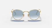 Gold-tone round sunglasses with light blue lenses, front view