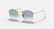 Gold-tone round sunglasses with light blue lenses, metal frame, side angle
