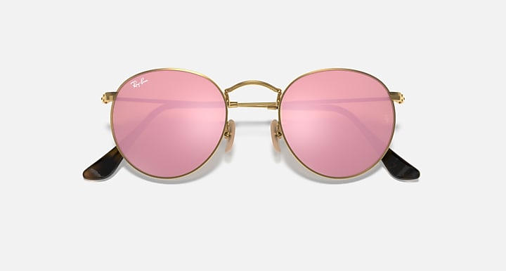 Ray-Ban RB3447N round sunglasses with gold frames and pink gradient mirrored lenses