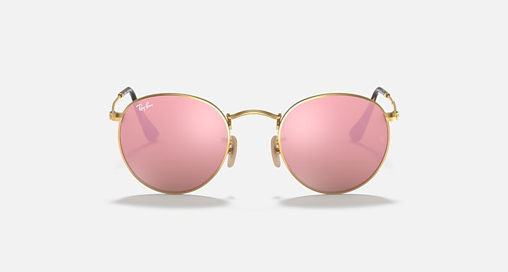 Ray-Ban RB3447N round sunglasses with gold frames and pink tinted lenses