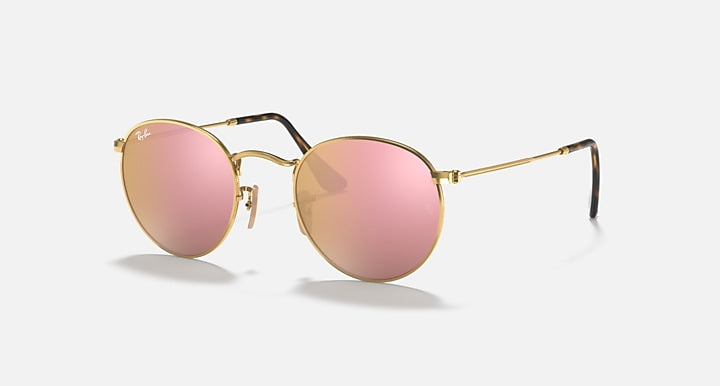 Ray-Ban RB3447N round sunglasses with gold frames and pink mirrored lenses