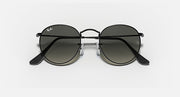Black round sunglasses with dark lenses, front view with curved temples