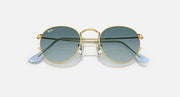 Ray-Ban round metal sunglasses with gold frame and blue-tinted mirrored lenses