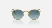 Ray-Ban round metal sunglasses, gold frame with mirrored blue lenses and bridge detail