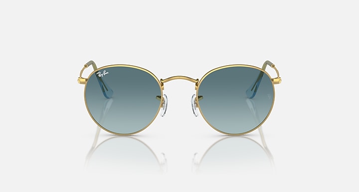 Ray-Ban round metal sunglasses, gold frame with mirrored blue lenses and bridge detail