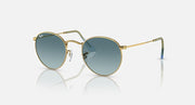 Ray-Ban round metal sunglasses with gold frame and blue-tinted gradient lenses