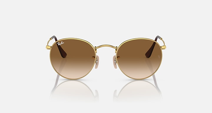 Ray-Ban round metal sunglasses front view, gold frame with brown gradient lenses