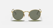 Round metal sunglasses with gold frame and dark green mirrored lenses, front view.