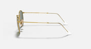 Side view of round metal sunglasses with gold frame and tinted lenses, clear temple tips.