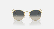 Round metal sunglasses with gold frames and dark tinted lenses, front view.