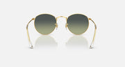 Round metal sunglasses by Ray-Ban, gold frames, dark green lenses, front view