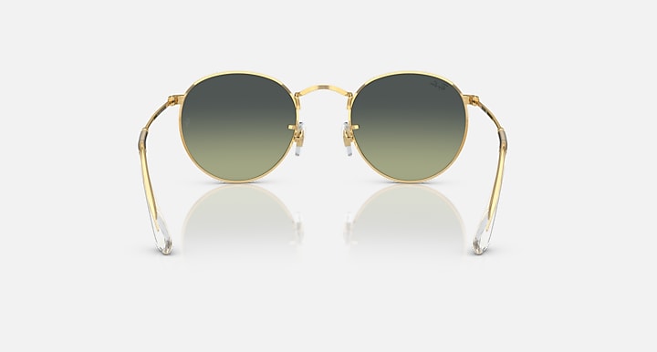 Round metal sunglasses by Ray-Ban, gold frames, dark green lenses, front view