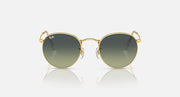 Round metal sunglasses by Ray-Ban, gold frames, dark green mirrored lenses, straight-on