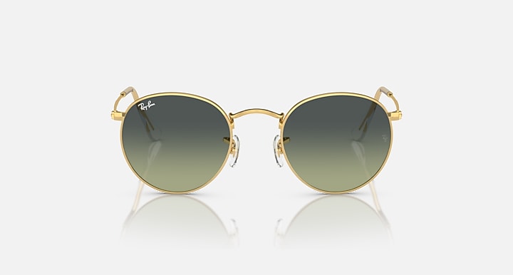 Round metal sunglasses by Ray-Ban, gold frames, dark green mirrored lenses, straight-on
