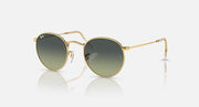 Round metal sunglasses by Ray-Ban, gold frames, dark green mirrored lenses, front view