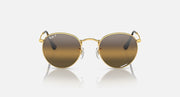 Round metal sunglasses with gold-tone frame and brown tinted lenses