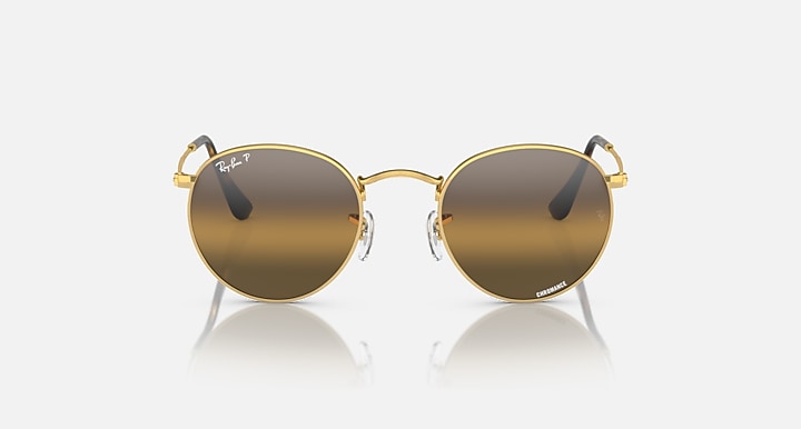 Round metal sunglasses with gold-tone frame and brown tinted lenses