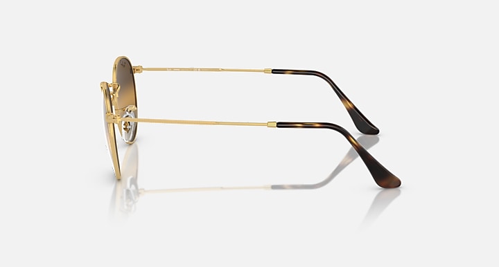 Gold-tone round sunglasses with metal frame and dark brown patterned temple tips
