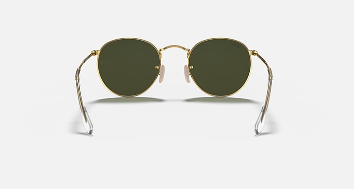 Gold metal round sunglasses with dark green lenses, full front view