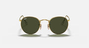 Gold metal round sunglasses with dark green lenses, front view
