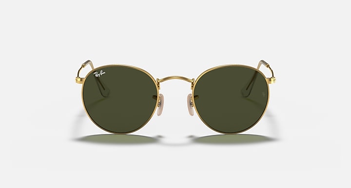 Gold metal round sunglasses with dark green lenses, front view