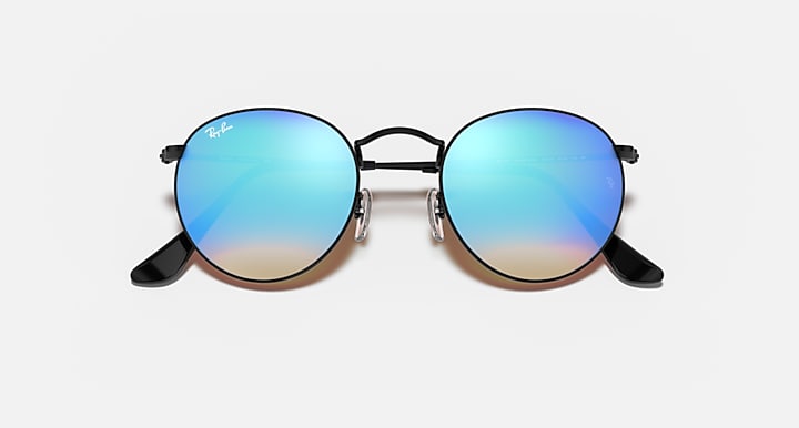 Round metal sunglasses front view with black frame and blue gradient mirrored lenses