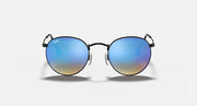 Round metal sunglasses front view with black frame and blue gradient mirrored lenses