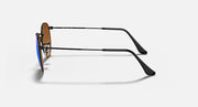 Round metal sunglasses side view with black frame and blue gradient lenses