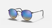 Round metal sunglasses with black frame and blue-to-purple mirrored lenses