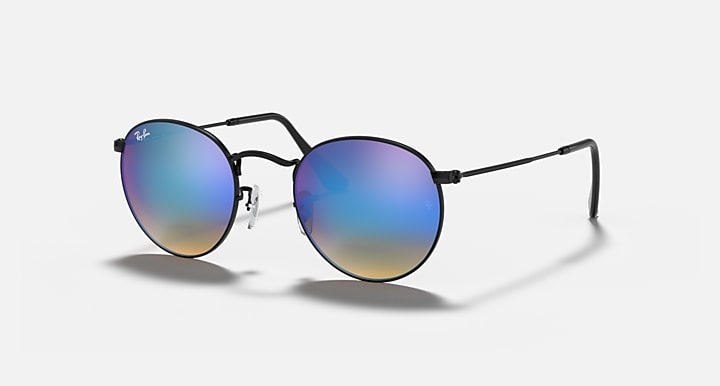 Round metal sunglasses with black frame and blue-to-purple mirrored lenses