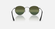 Round metal sunglasses with dark green lenses and black temple arms, front view