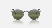 Round metal sunglasses with dark green mirrored lenses, front view with double bridge