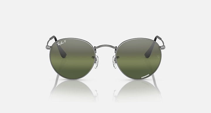 Round metal sunglasses with dark green mirrored lenses, front view with double bridge