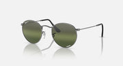 Round metal sunglasses with dark green mirrored lenses and dark gray frame, side view
