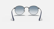 Ray-Ban round metal sunglasses with blue temple arms and gray mirrored lenses