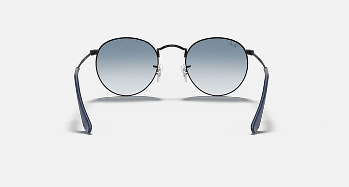 Ray-Ban round metal sunglasses with blue temple arms and gray mirrored lenses