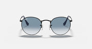 Ray-Ban round metal sunglasses with black frame and dark gray lenses