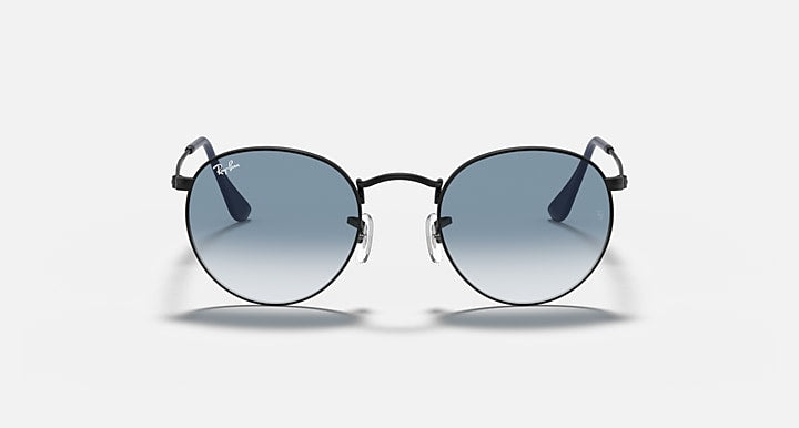 Ray-Ban round metal sunglasses with black frame and dark gray lenses