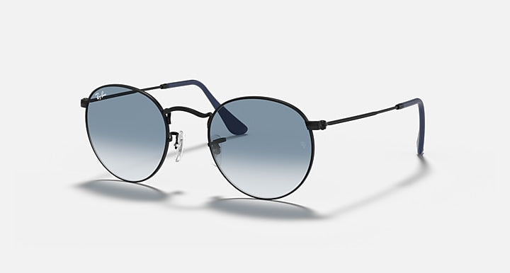 Ray-Ban round metal sunglasses with blue temples and dark gray lenses
