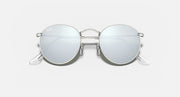 Round metal sunglasses with silver frame and pale blue gradient mirror lenses