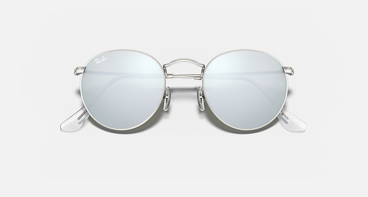 Round metal sunglasses with silver frame and pale blue gradient mirror lenses