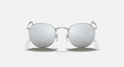 Round metal sunglasses front view with silver frame and blue mirror lenses
