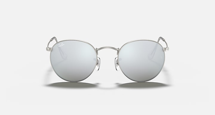 Round metal sunglasses front view with silver frame and blue mirror lenses