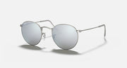 Round metal sunglasses with silver frame and light blue mirrored lenses