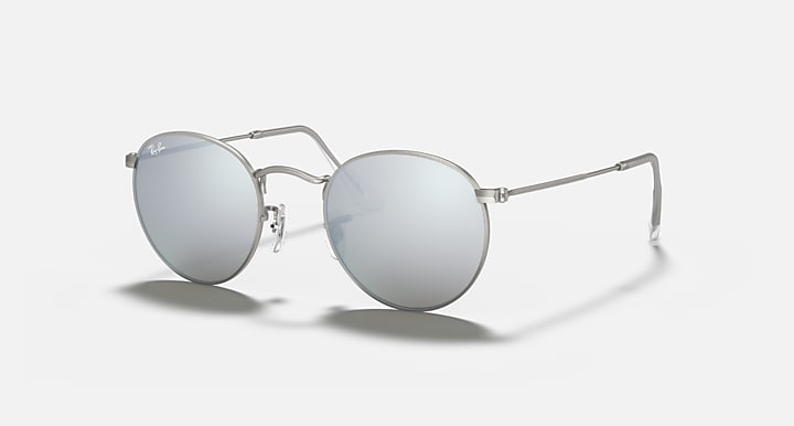 Round metal sunglasses with silver frame and light blue mirrored lenses